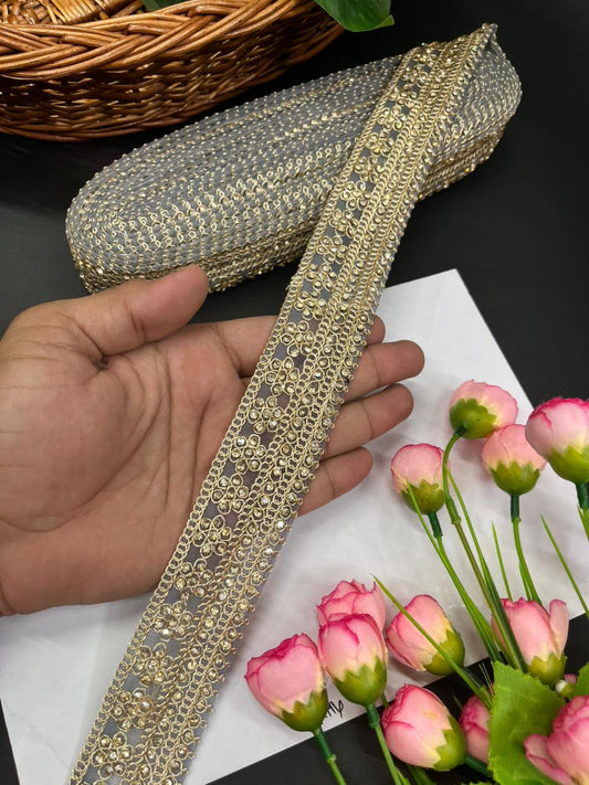 Gorgeous Diamond Work Lace & Borders – Premium Maggam Work Trim for Sarees, Lehengas & Dupattas (9 Meter, 2 Inch Width) | Grey