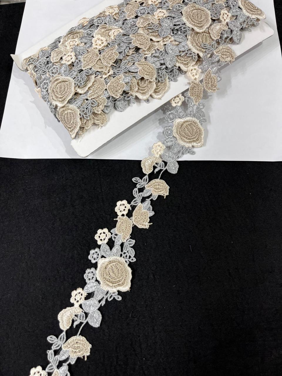 Beautiful Flower Western Lace Trim for Dresses, Sarees & Kurtis – Designer Imported Floral Lace Border (1.5 Inch) | Grey