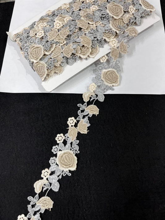 Beautiful Flower Western Lace Trim for Dresses, Sarees & Kurtis – Designer Imported Floral Lace Border (1.5 Inch) | Grey