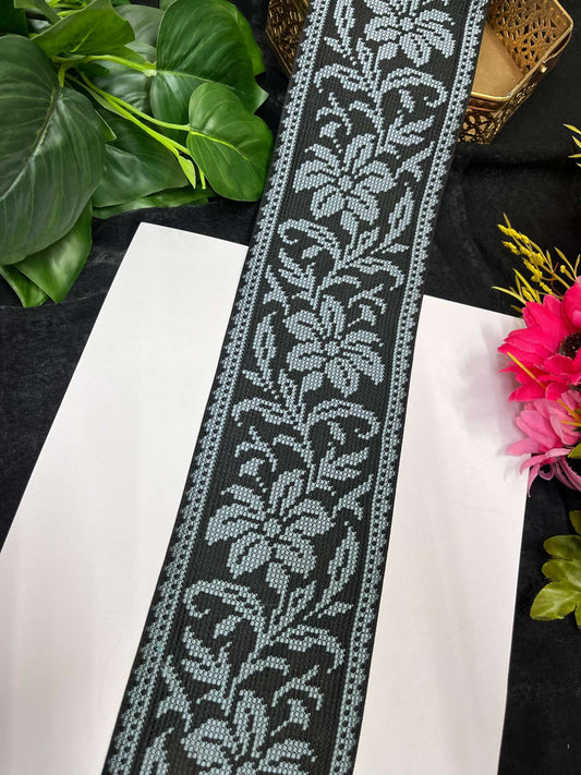 Cross Stitch Jacquard Border – 9 Meters, 4-Inch Thread Embroidered Lace for Sarees, Lehengas & Dupattas | Grey