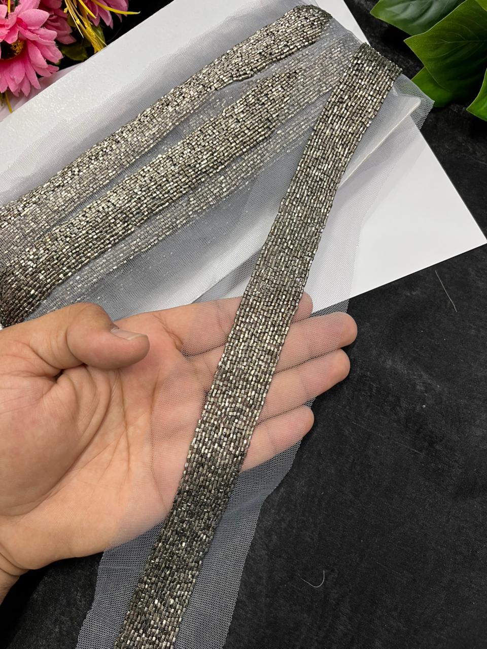 Handcrafted Katdana Border – Premium 1 Inch Handmade Decorative Lace for Bridal & Ethnic Wear (9 Meter) | Grey
