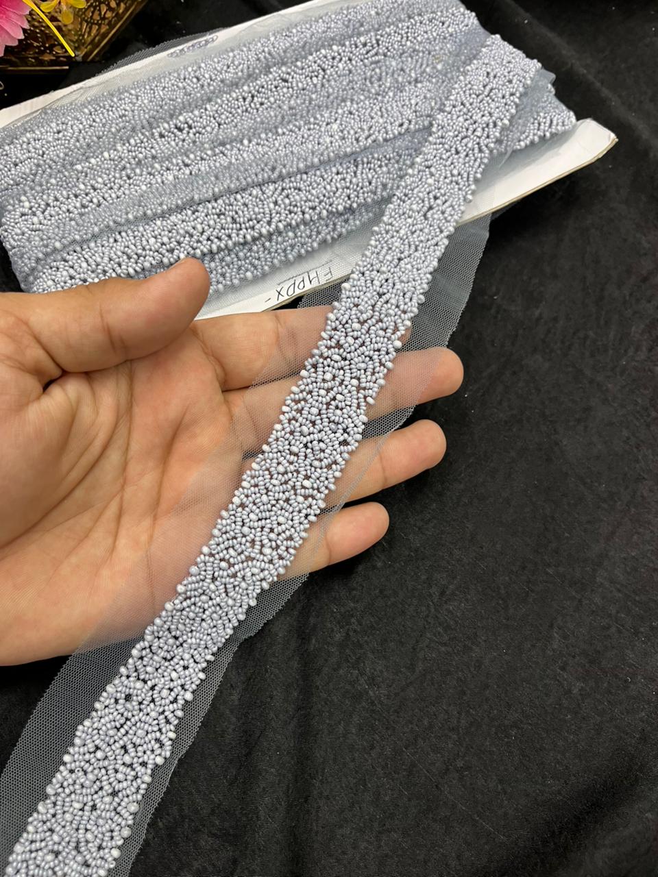 Exclusive Pearl Work Handcrafted Lace Trim for Sarees, Kurtis & Dresses – Designer Handmade Pearl Embroidery Lace Border | Grey