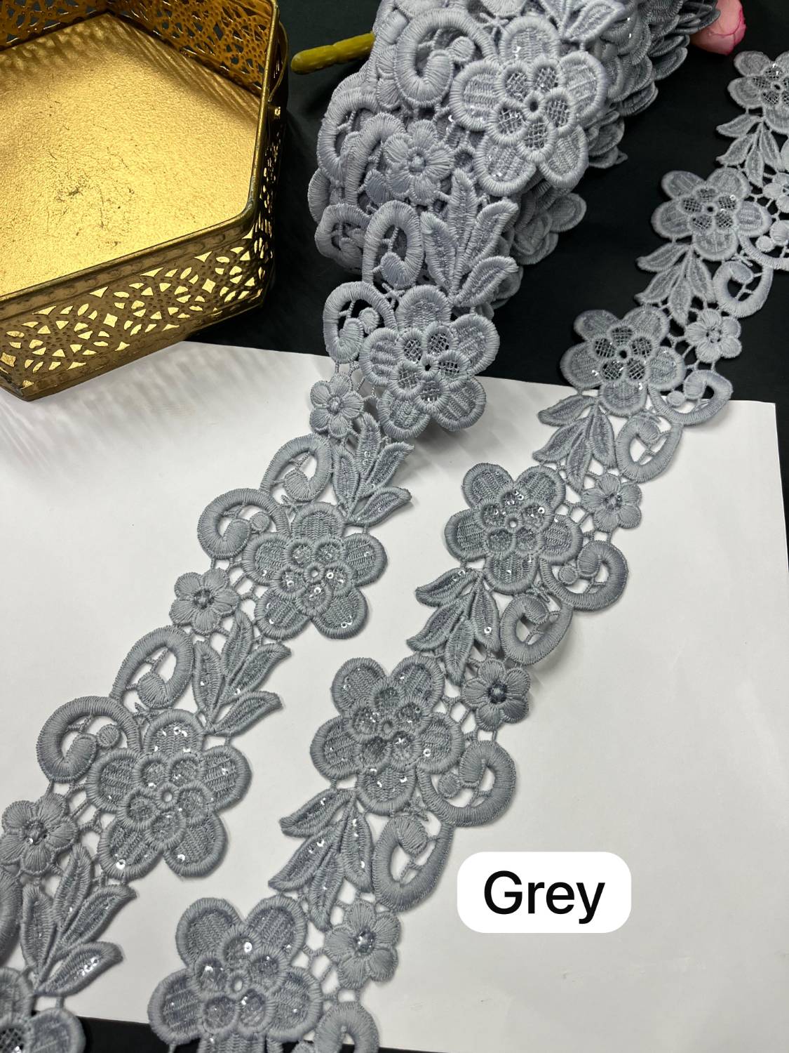 Beautiful Cotton GPO Lace Border – Imported Saree Laces & Designer Trims (9 Meter Roll) | Grey