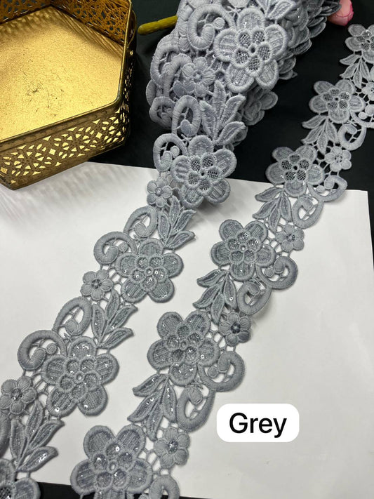 Beautiful Cotton GPO Lace Border – Imported Saree Laces & Designer Trims (9 Meter Roll) | Grey