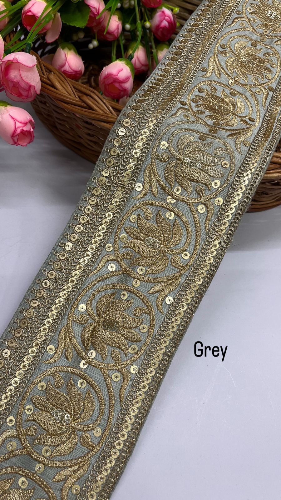 Embroidered Designer Lace Trim for Lehengas – 9 Meters, 4-Inch Width | Grey