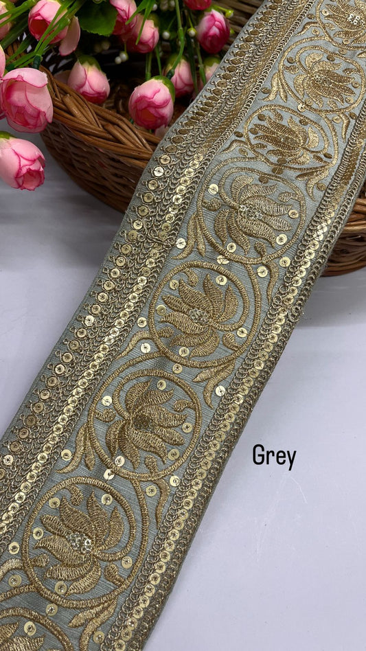 Embroidered Designer Lace Trim for Lehengas – 9 Meters, 4-Inch Width | Grey