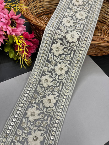 Designer Lucknowi Cotton Lace – Premium 5 Inch Broad Embroidered Border for Sarees, Dupattas, Suits & Dresses (9 Meter) | Grey