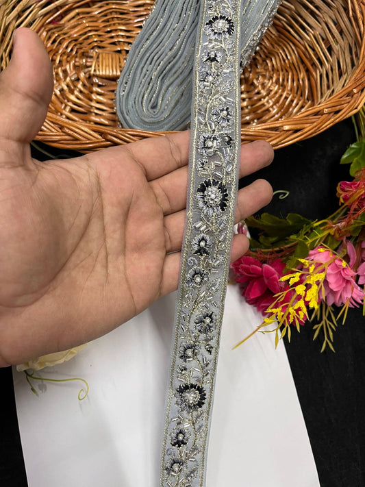 Resham Work Katdana Saree Laces – 9 Meters, 1-Inch Thread Embroidered Border Trim for Sarees, Lehengas & Dupattas | Grey