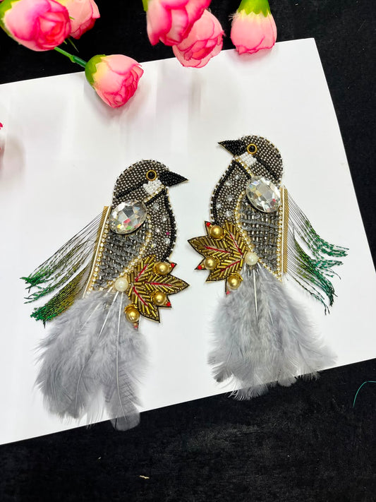 Handcrafted Feather Bird Patches for Sarees, Lehengas, Blouses & Dresses – Designer Bird Applique Set of 2 | DC1045 | Grey