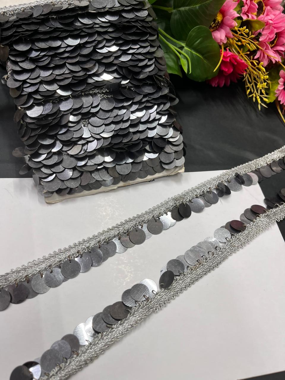 Plastic Coin Lace | Tassel Coin Lace – Trendy Latkan Border for Sarees, Dupattas & Party Wear (9 Meter, 1 Inch Width) | Grey