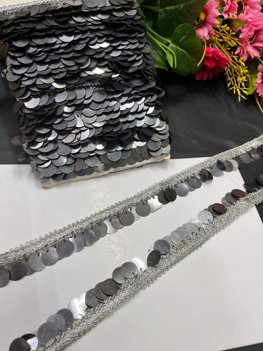 Plastic Coin Lace | Tassel Coin Lace – Trendy Latkan Border for Sarees, Dupattas & Party Wear (9 Meter, 1 Inch Width) | Grey