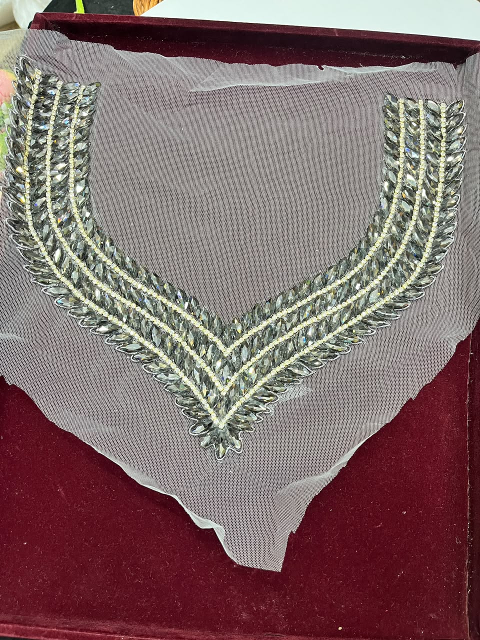 Handmade Crystal Neck Patch for Kurtis, Dresses & Blouses – Designer Handcrafted Crystal Embellished Neckline Applique | DC1041 | Grey