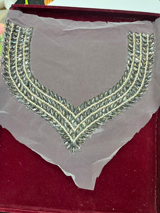 Handmade Crystal Neck Patch for Kurtis, Dresses & Blouses – Designer Handcrafted Crystal Embellished Neckline Applique | DC1041 | Grey