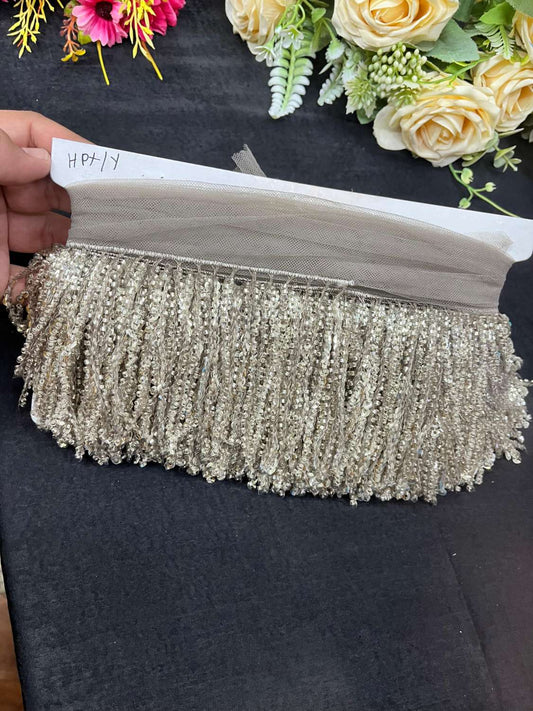 Sequence Fringe Lace | Western Imported Lace | Tassels Lace – Premium Designer Border Trim for Sarees, Lehengas & Gowns (9 Meter, 4 Inch Width) | Grey