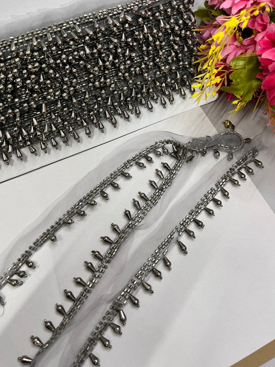 Pearl Drop Hanging Lace for Bridal Blouses & Dupattas – Elegant 1 Inch Latkan Style Decorative Border for Wedding & Festive Wear (9 Meter) | Grey