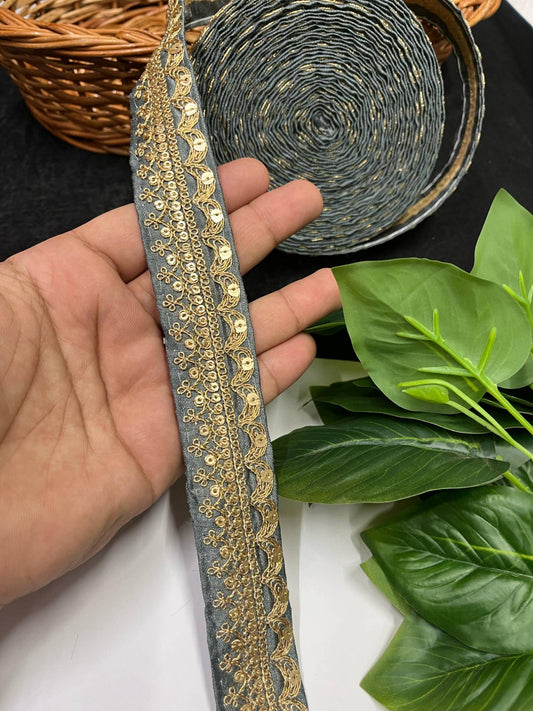 Gold Embroidered Saree Laces for Sarees, Kurtis, Dupattas, Dresses & Lehengas – 9 Meters, 1.25-Inch Decorative Border | Grey