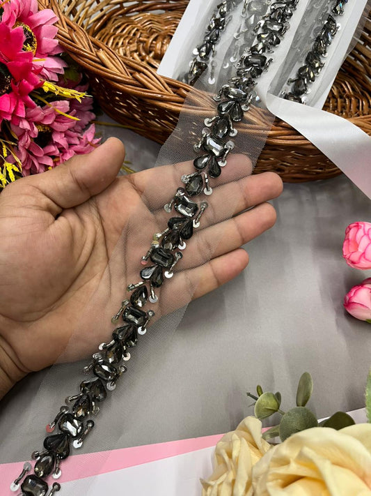 Handmade Crystal Lace – Premium 1 Inch Handcrafted Decorative Border for Sarees, Dresses & Ethnic Wear (9 Meter) | Grey