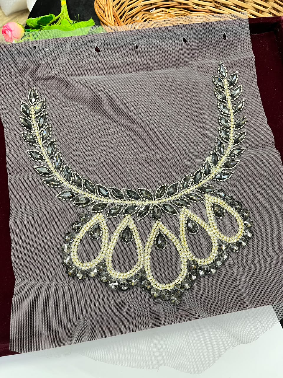 Handmade Crystal Neck Patch for Kurtis, Dresses & Blouses – Designer Handcrafted Crystal Embellished Neckline Applique | DC1042 | Grey