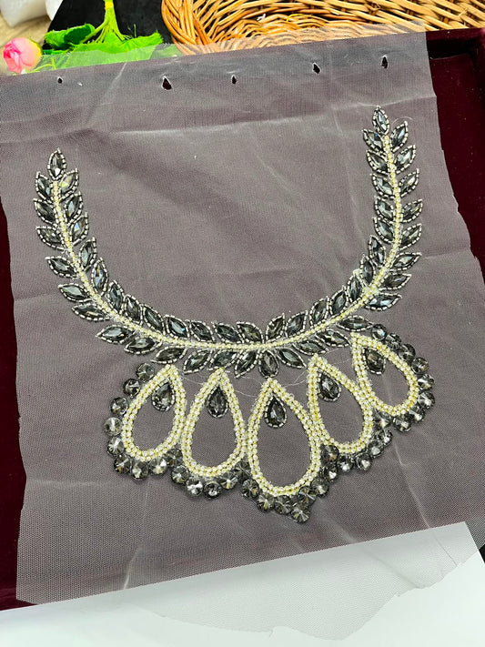 Handmade Crystal Neck Patch for Kurtis, Dresses & Blouses – Designer Handcrafted Crystal Embellished Neckline Applique | DC1042 | Grey