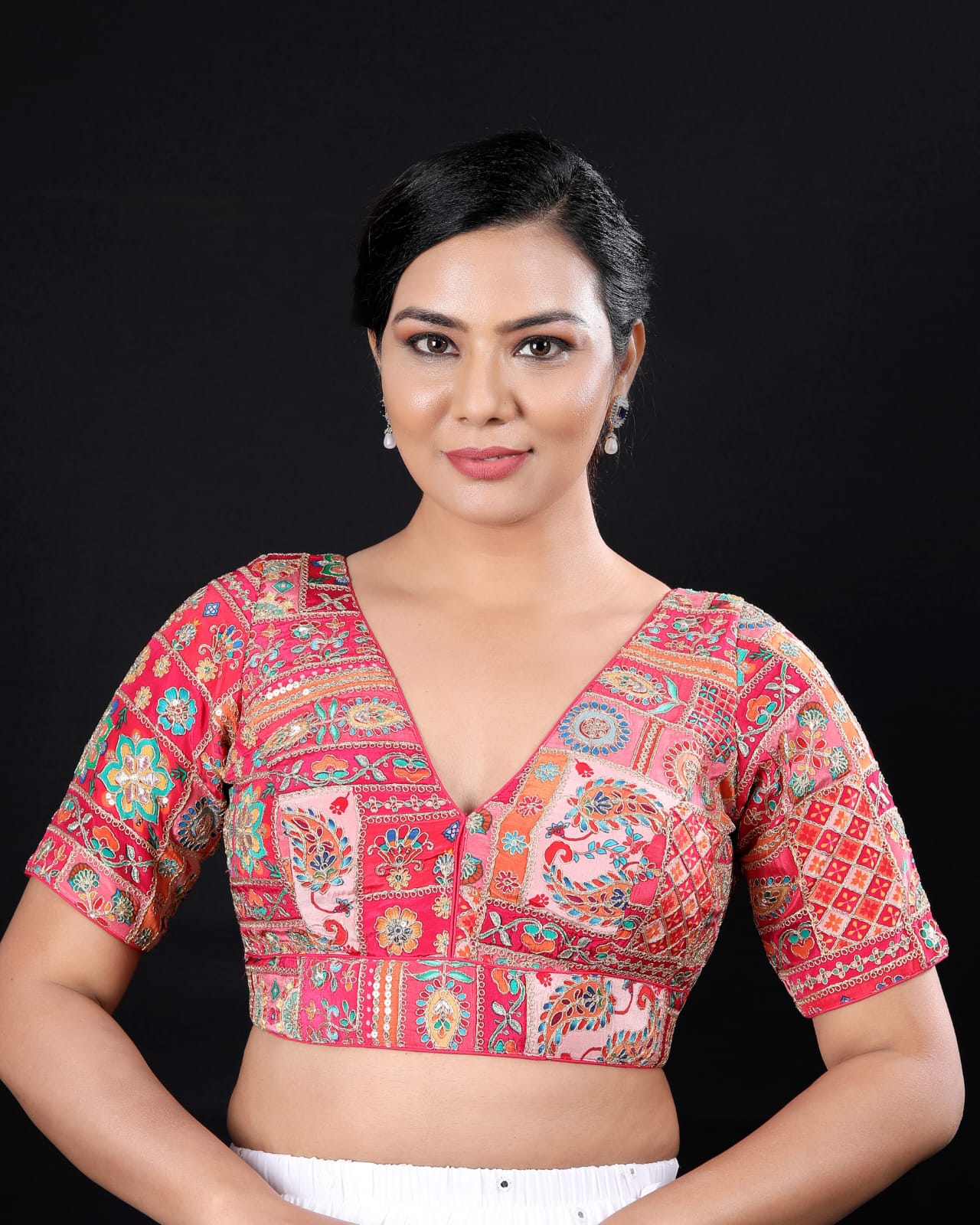 Embellished V-Neck Multicoloured Embroidered Readymade Saree Blouse – Stylish Padded Blouse