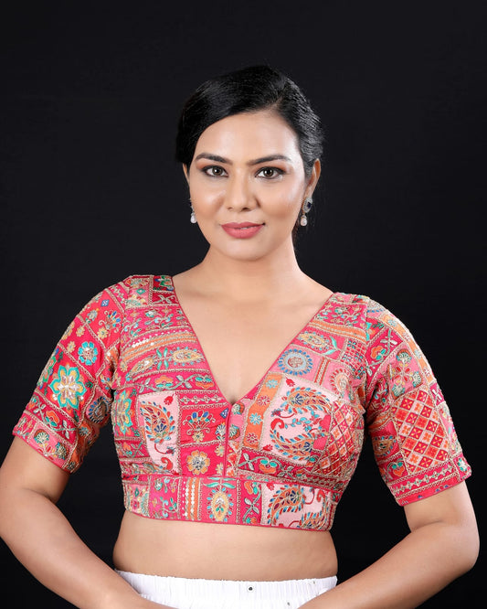Embellished V-Neck Multicoloured Embroidered Readymade Saree Blouse – Stylish Padded Blouse
