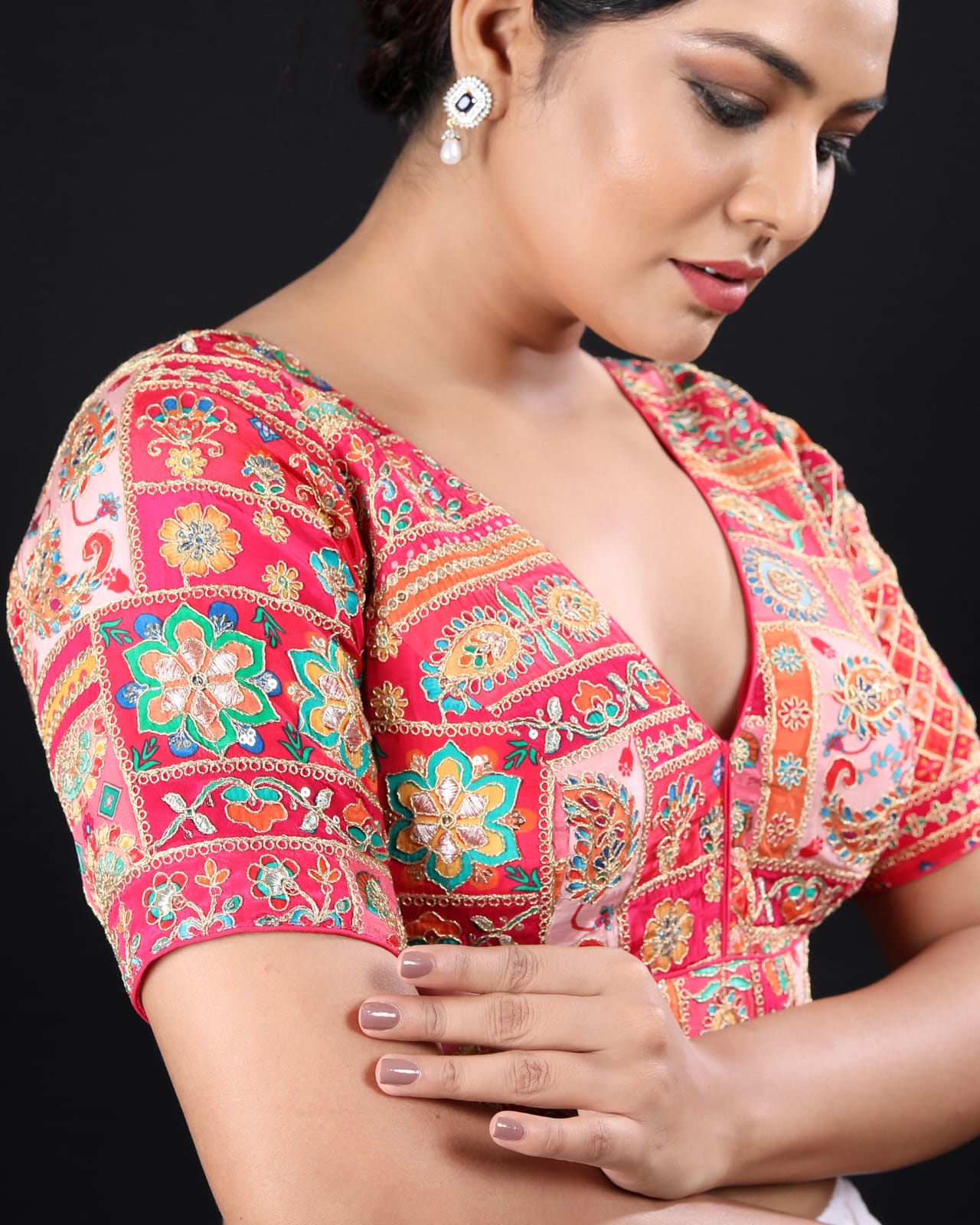 Embellished V-Neck Multicoloured Embroidered Readymade Saree Blouse – Stylish Padded Blouse
