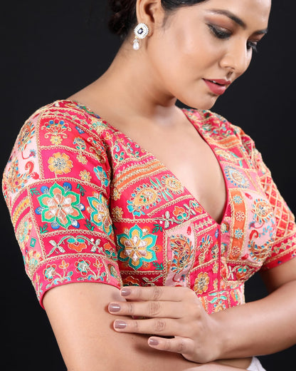 Embellished V-Neck Multicoloured Embroidered Readymade Saree Blouse – Stylish Padded Blouse