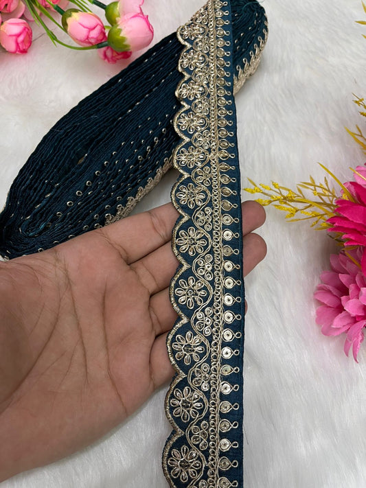 Embroidered Designer Lace – Indian Wedding Trims, Saree Border, 1.5 Inch Wide Lace Reel (9 Mtr) | K Blue
