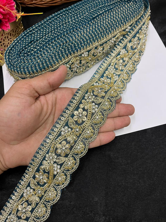 Designer Maggam Work Saree Border on Net Fabric – Handcrafted Embroidered Lace for Sarees, Blouses & Lehengas (2 Inch) | Kerosine