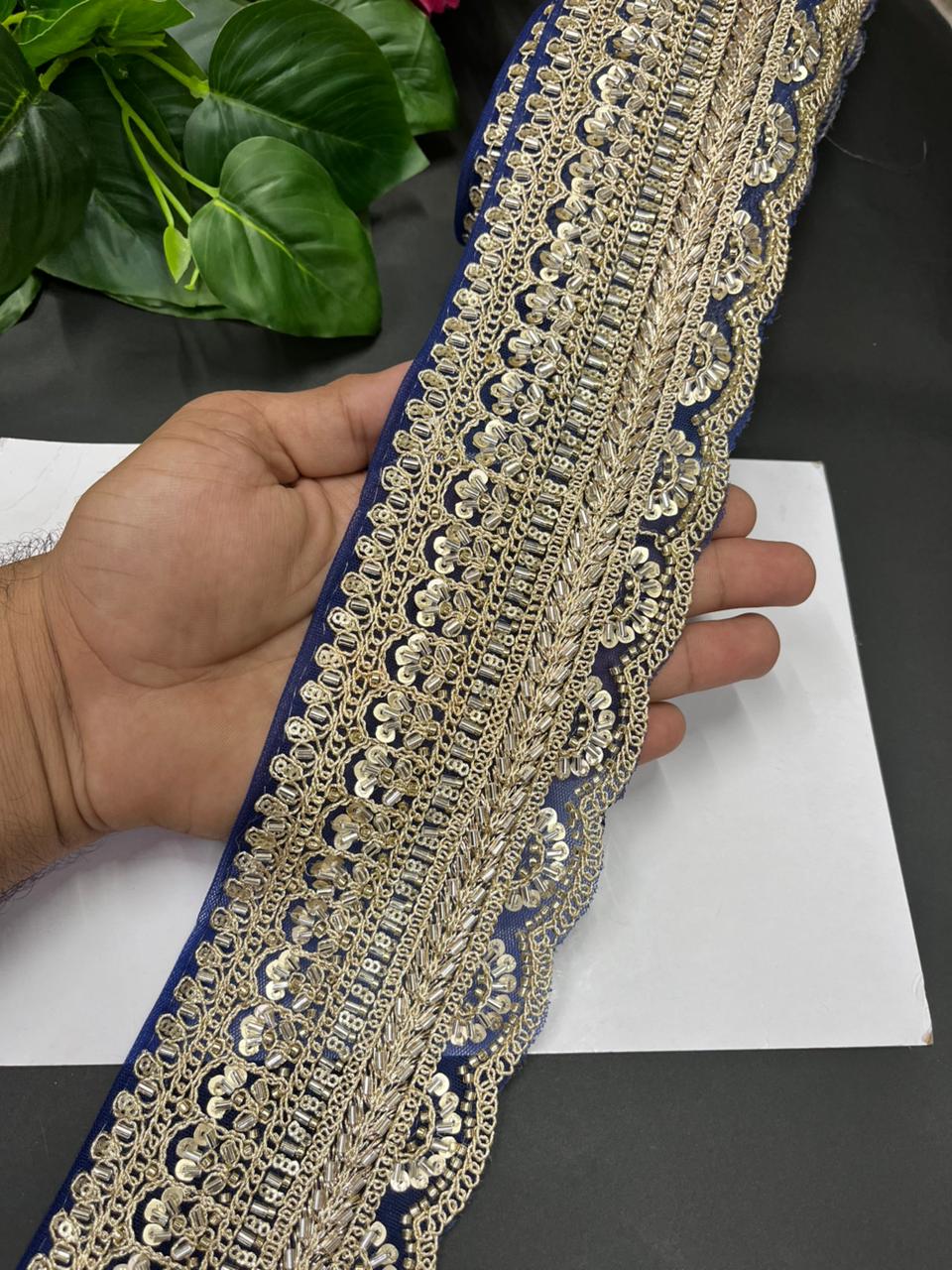 Exclusive Bridal Saree Laces & Borders on Net Fabric – Maggam Work Designer Trim for Sarees, Lehengas & Dupattas (9 Meter, 4 Inch Width) | Kerosine Blue