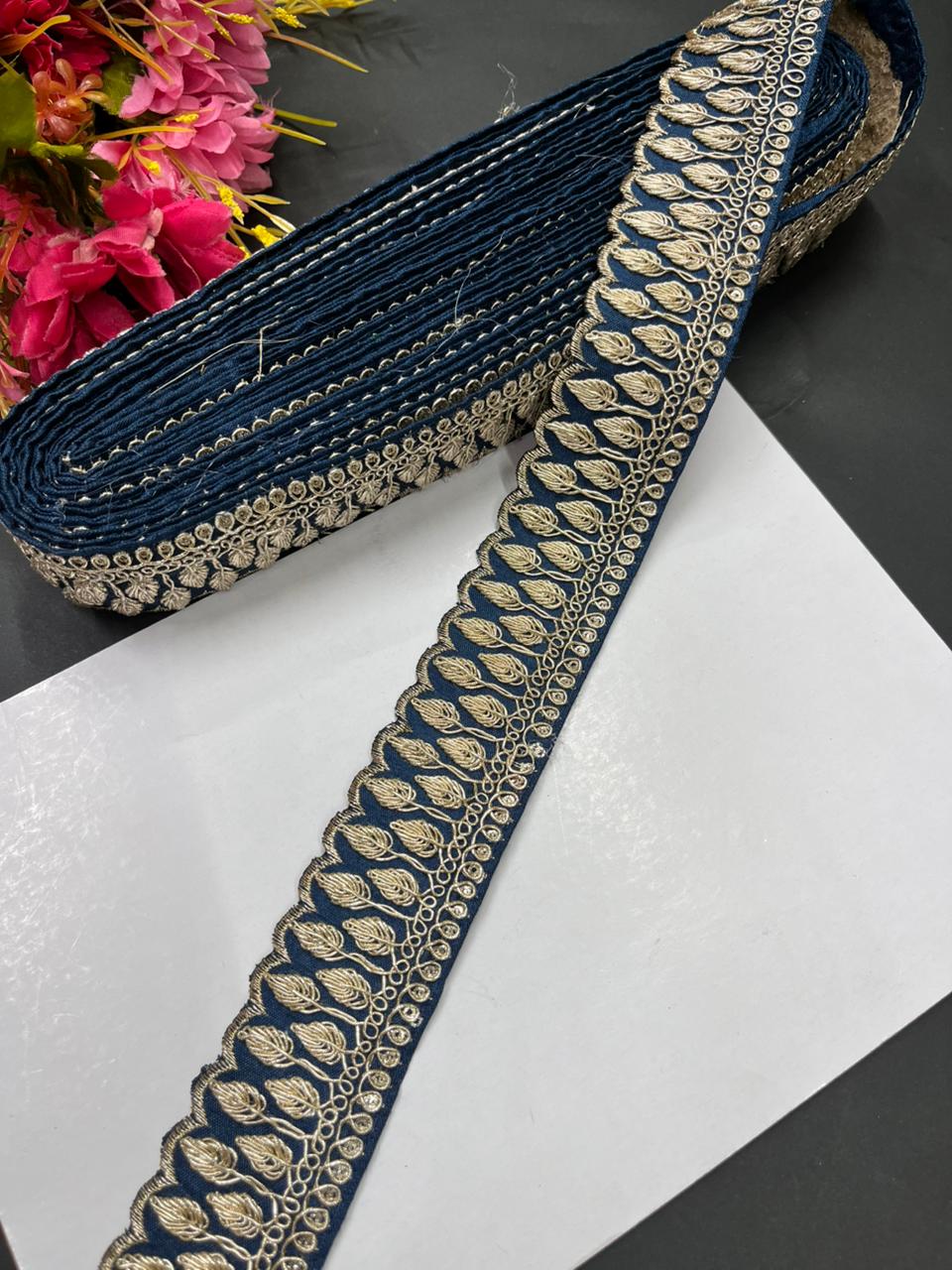 Zari Embroidered Saree Laces – Premium Designer Borders for Sarees, Lehengas & Dupattas (9 Meter, 1.5 Inch Width) | Kerosine Blue