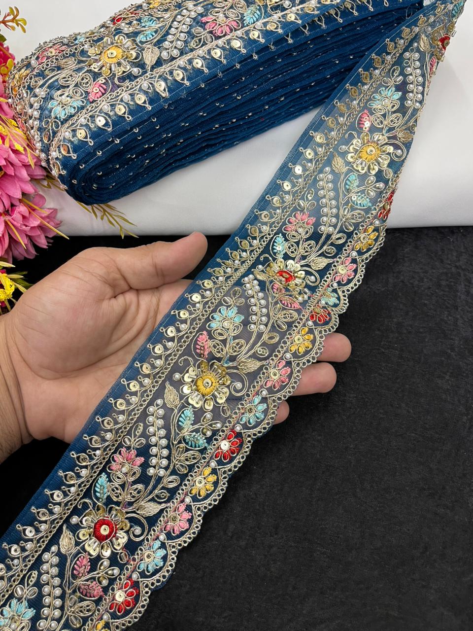 Multicoloured Flower Design Maggam Work Saree Lace – Designer Embroidered Border for Sarees, Blouses & Lehengas (3.5 Inch) | Kerosine