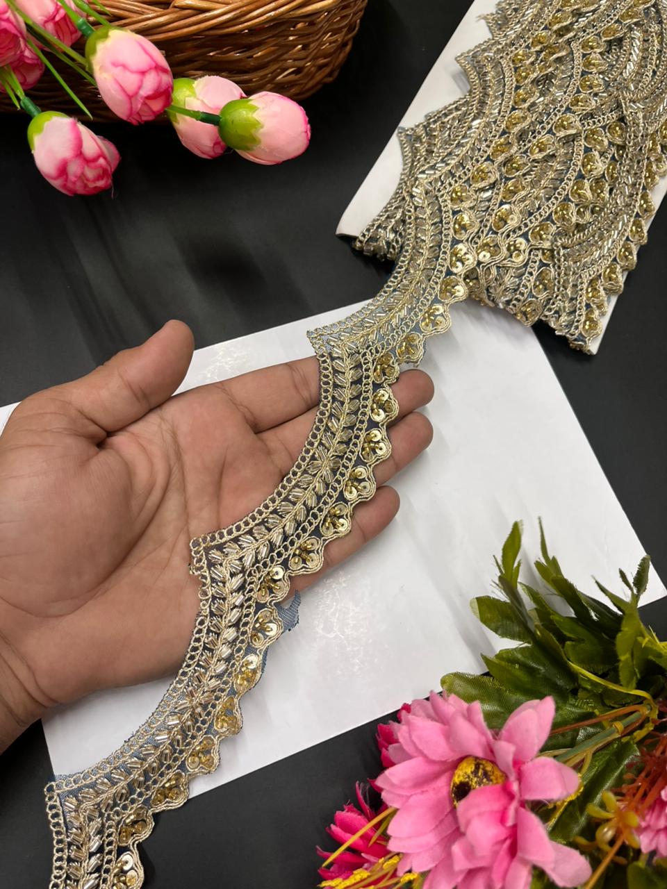 Scalloped Maggam Work Saree Lace Borders on Net Fabric – Designer Embroidered Trim for Sarees & Lehengas (9 Meter, 2 Inch Width) | Kerosine