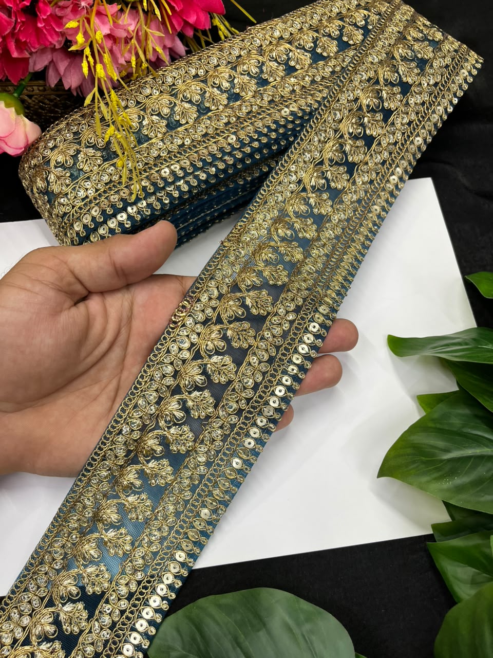 Golden Zari Embroidered Lace for Sarees, Lehengas & Dupattas – Premium Designer Embroidered Lace Border for Boutique Owners & Fashion Designers (3 Inch) | Kerosine