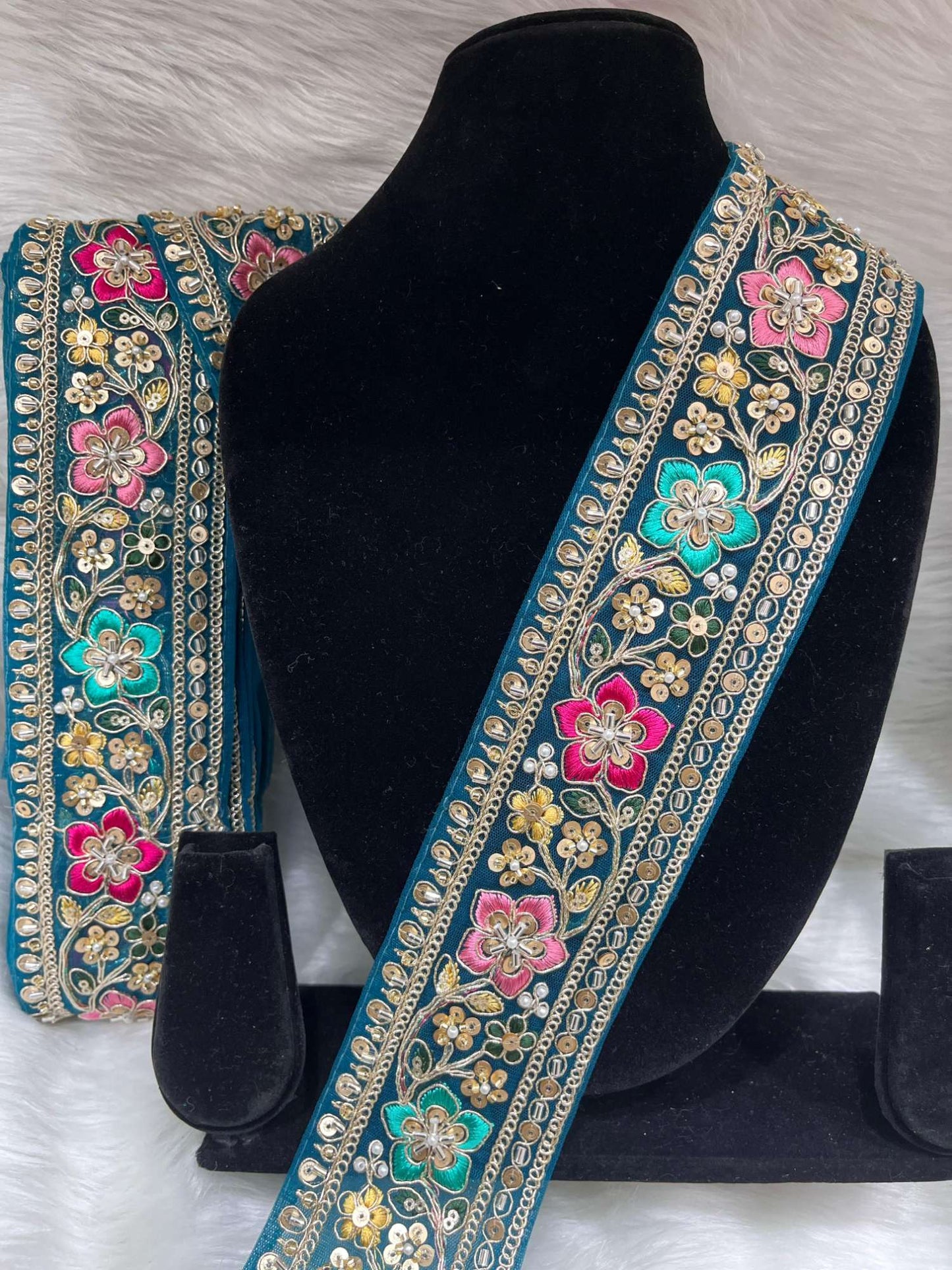 Embroidered Beaded Sequins Lace Borders on Net Fabric – 9 Meters, 2.5-Inch Maggam Work Trim for Sarees & Lehengas | Kerosine