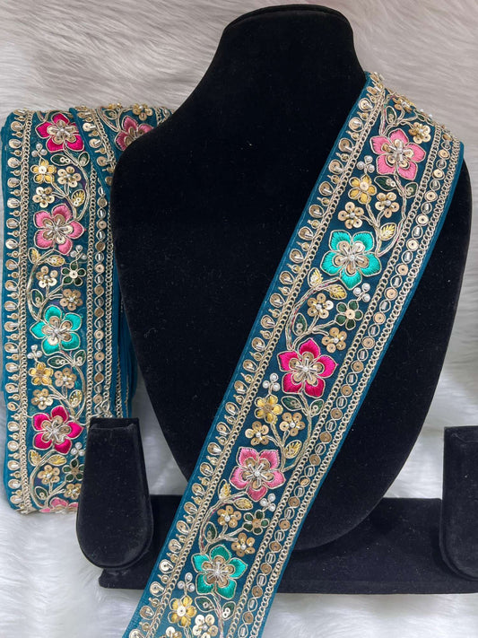Embroidered Beaded Sequins Lace Borders on Net Fabric – 9 Meters, 2.5-Inch Maggam Work Trim for Sarees & Lehengas | Kerosine