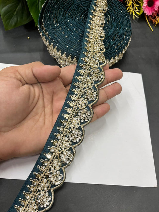 Scalloped Stonework Designer Laces – Elegant Embroidered Border Trim for Sarees, Dupattas & Lehengas (9 Meter, 1.5 Inch Width) | Kerosine
