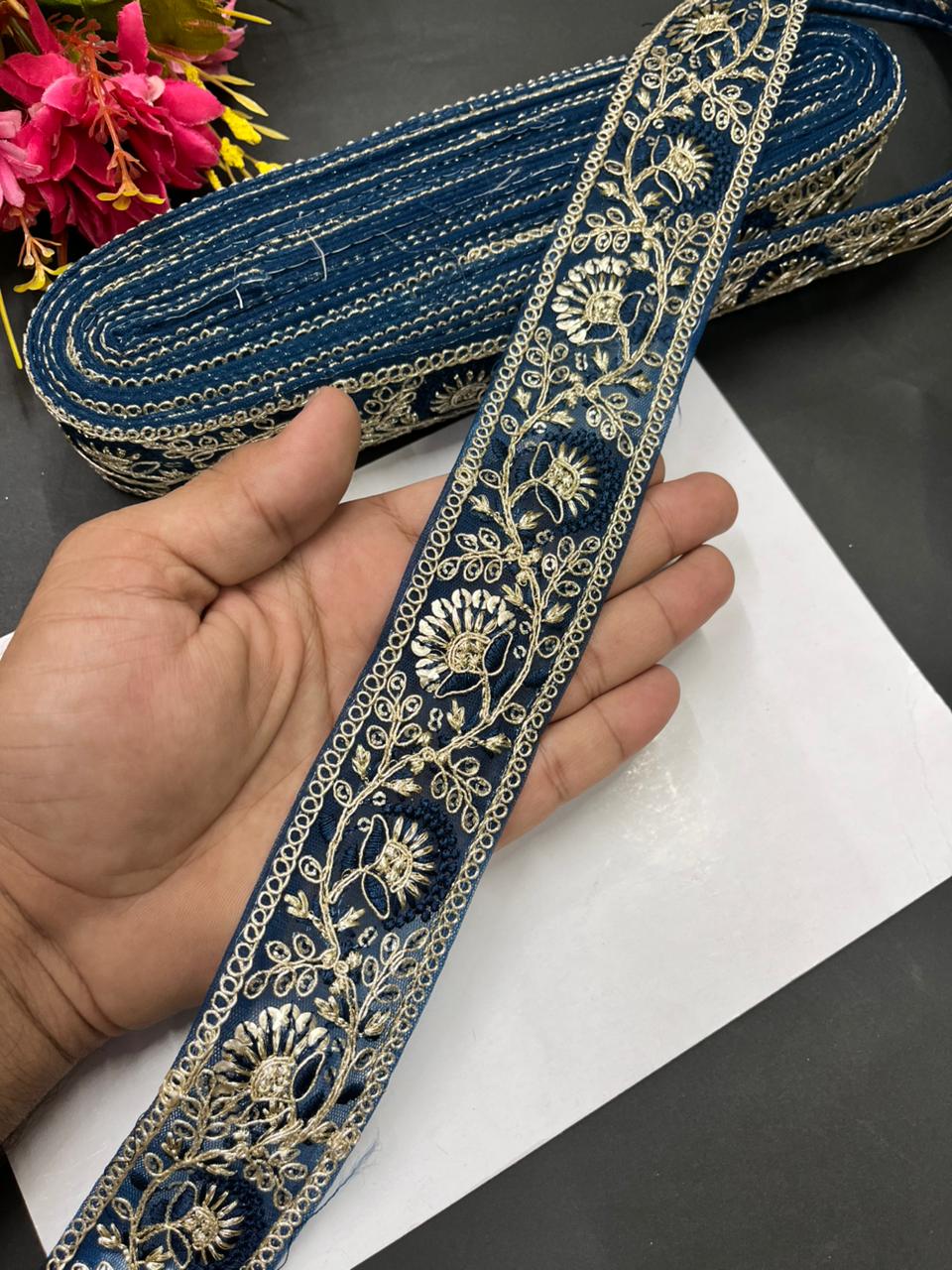 Sequins Work Zari Embroidered Laces – Premium Designer Borders for Sarees, Lehengas & Dupattas (9 Meter, 1.5 Inch Width) | Kerosine Blue