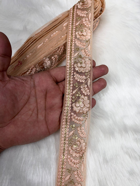 Elegant Saree Lace Border, Dupatta Edging Trim, 9 Meter Embroidered Decorative Fabric Ribbon | Light Peach