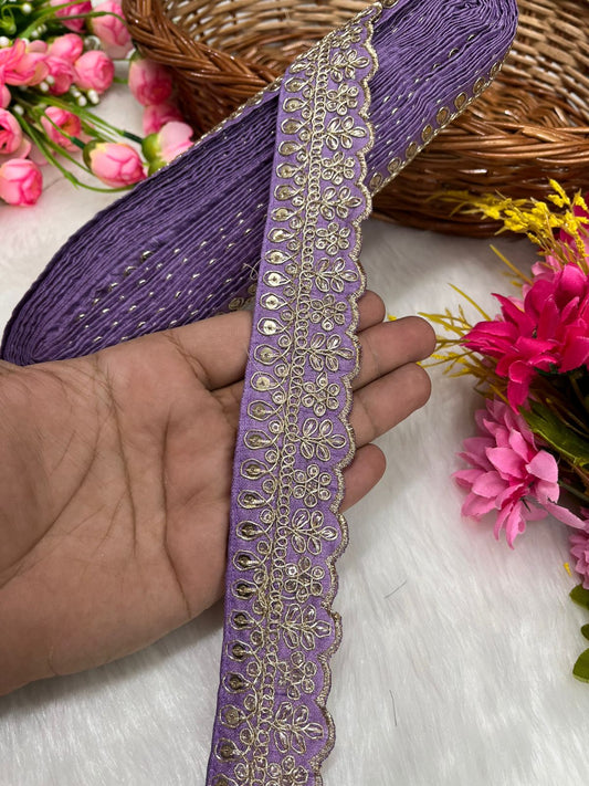 Embroidered Designer Lace – Indian Wedding Trims, Saree Border, 1.5 Inch Wide Lace Reel (9 Mtr) | L Purple