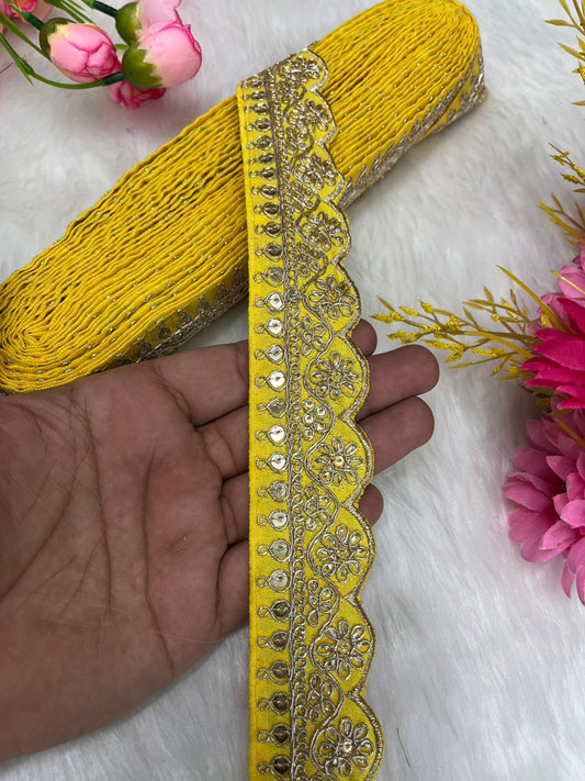 Embroidered Designer Lace – Indian Wedding Trims, Saree Border, 1.5 Inch Wide Lace Reel (9 Mtr) | L Yellow