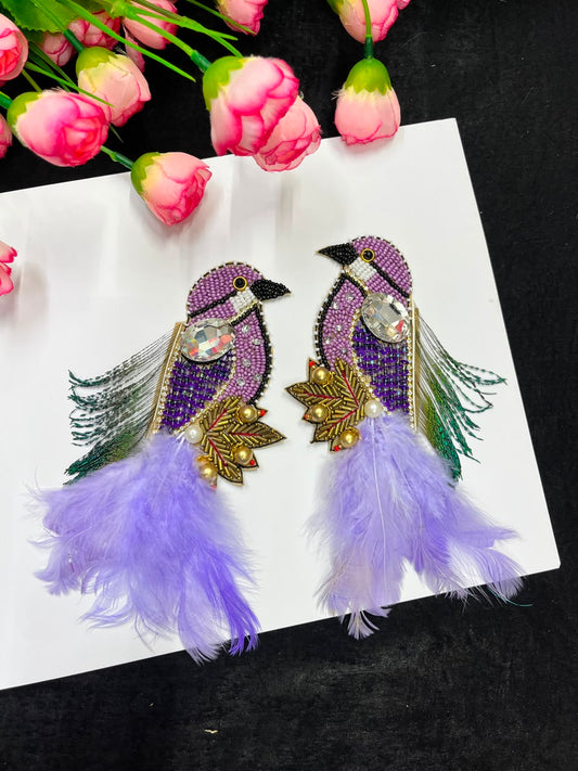 Handcrafted Feather Bird Patches for Sarees, Lehengas, Blouses & Dresses – Designer Bird Applique Set of 2 | DC1045 | Lavender