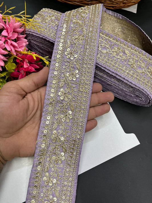 Embroidered Zari Lace Border for Saree, Lehenga & Craft Projects – Heavy 3 Inch Designer Embroidery Lace for Ethnic Wear (9 Meter) | Lavender