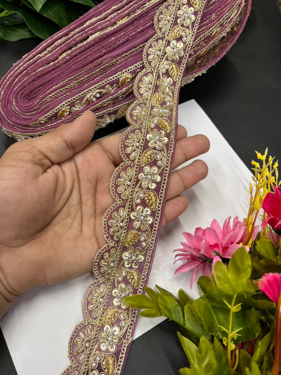 Exclusive Bridal Katdana Bead Work Laces – Designer Maggam Work Borders for Sarees, Lehengas & Dupattas (9 Meter, 2 Inch Width) | Lavender