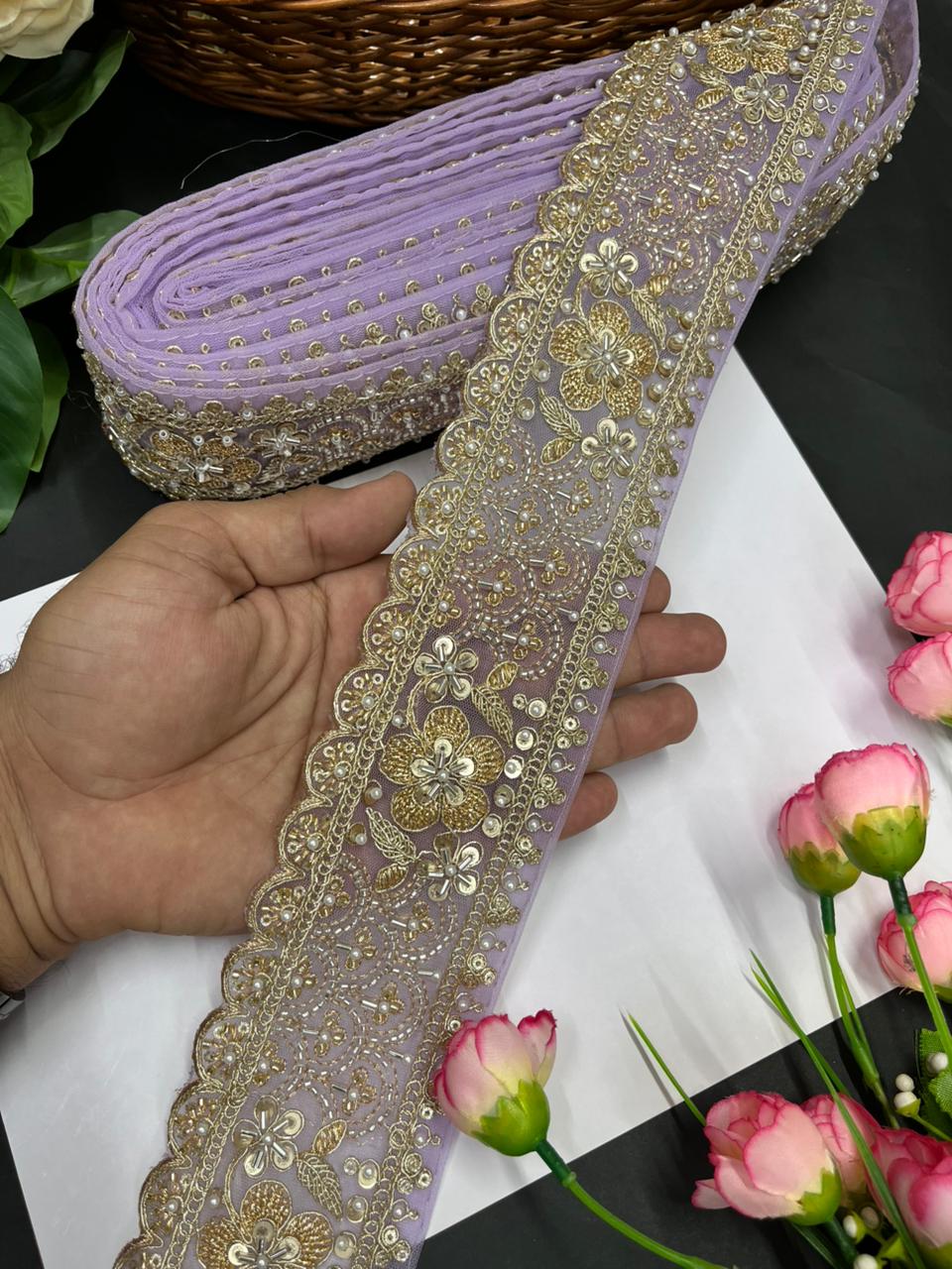 Exclusive Flower Embroidered Saree Lace Design – Premium Maggam Work Lace Border for Ethnic Wear | Lavender