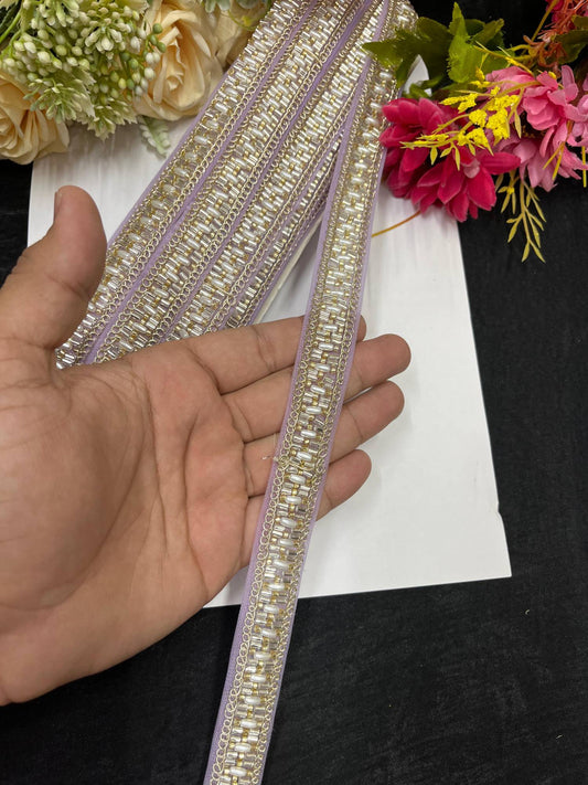 Delicate Pearl Work Designer Saree Laces – 9 Meters, 1-Inch Maggam Work Border for Sarees, Lehengas & Dupattas | Lavender