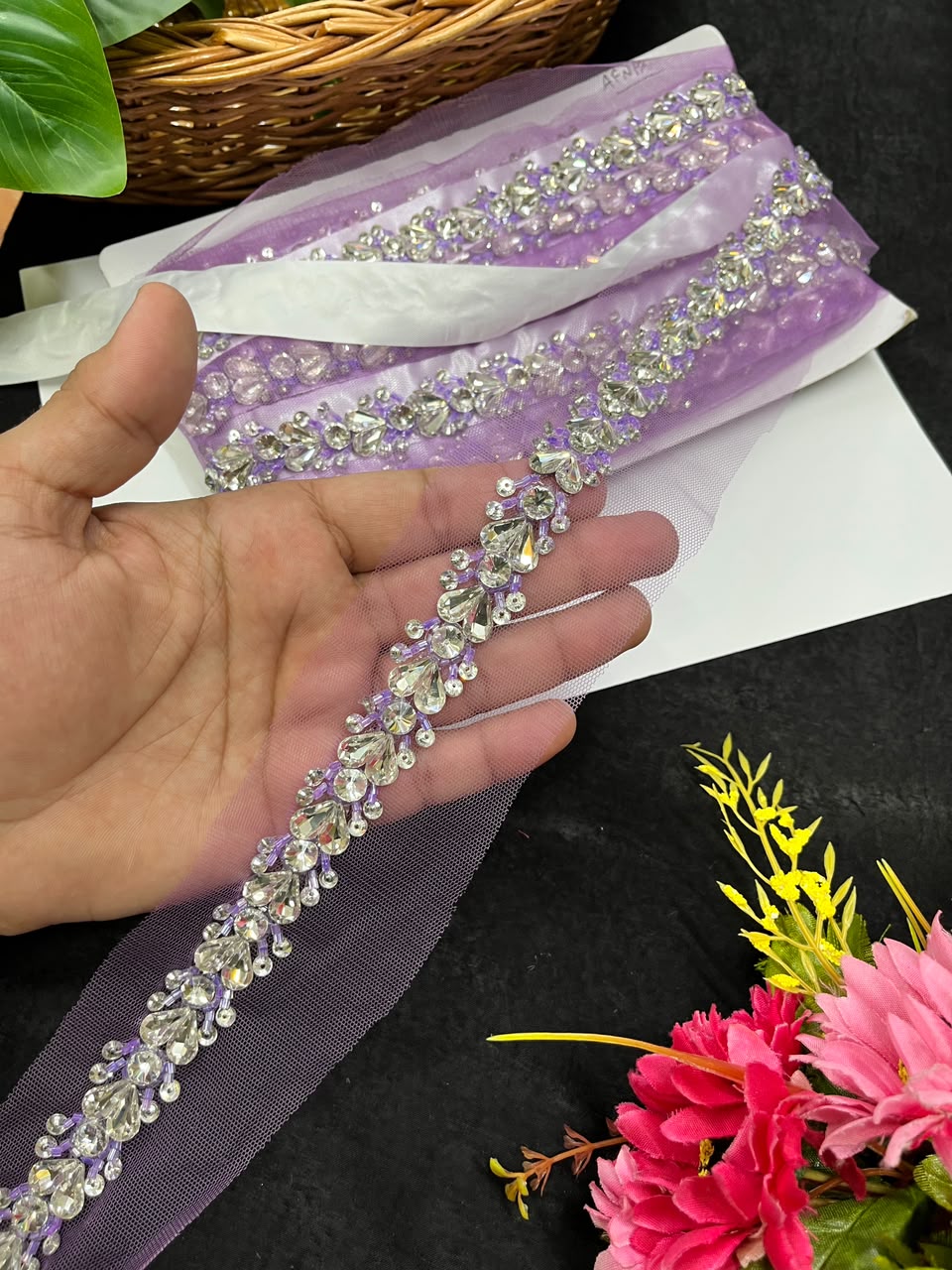 Designer Handmade Crystal Lace for Sarees, Lehengas & Dupattas – Premium Decorative Crystal Lace Border (1 Inch) | DC1012 | Lavender