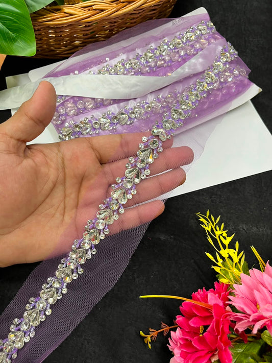 Designer Handmade Crystal Lace for Sarees, Lehengas & Dupattas – Premium Decorative Crystal Lace Border (1 Inch) | DC1012 | Lavender