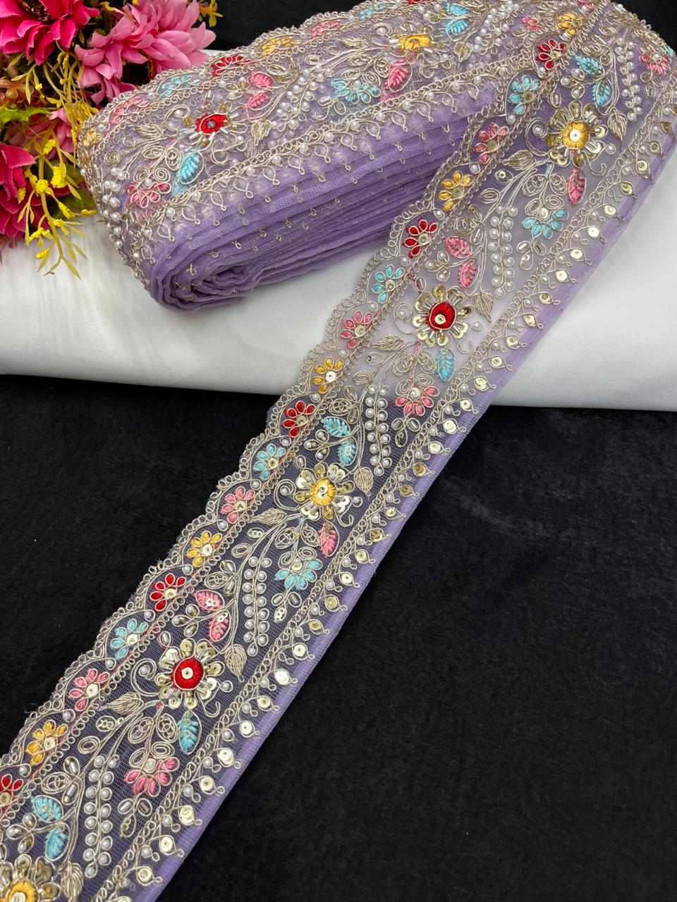 Multicoloured Flower Design Maggam Work Saree Lace – Designer Embroidered Border for Sarees, Blouses & Lehengas (3.5 Inch) | Lavender
