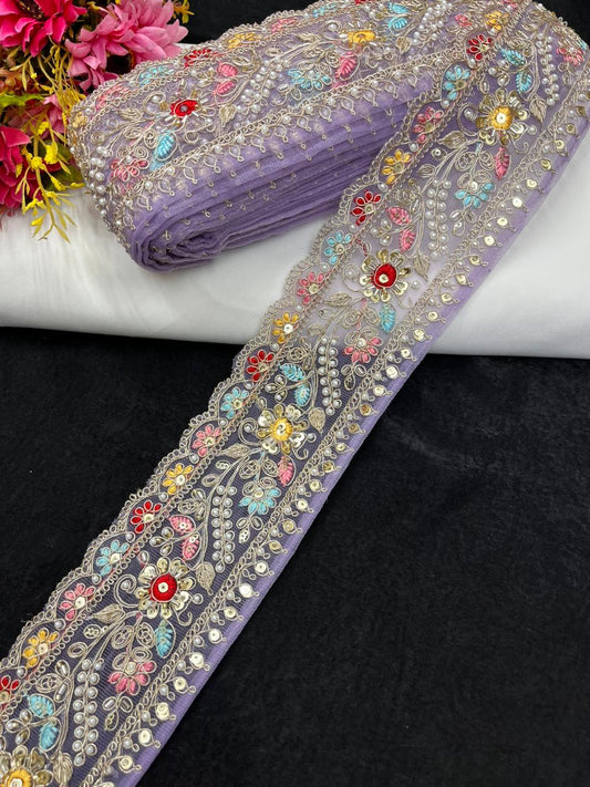 Multicoloured Flower Design Maggam Work Saree Lace – Designer Embroidered Border for Sarees, Blouses & Lehengas (3.5 Inch) | Lavender